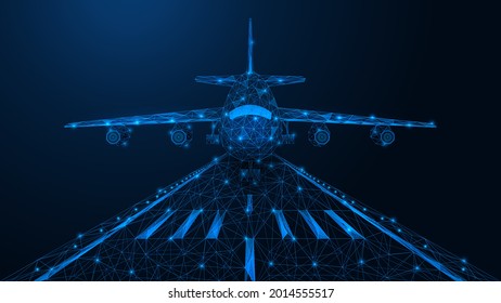 The plane lands on the runway. A low-poly model of air transport. Blue background.