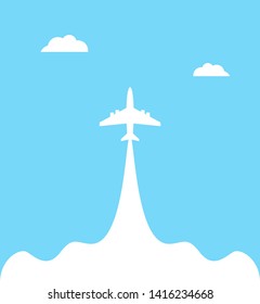 Plane launch to sky against a blue background with clouds. Airplane flight path banner