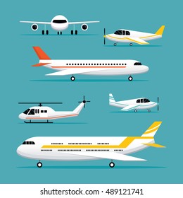 Plane, Light Jet Objects Flat Design Set, Aircraft, Commercial Aviation, Aerial Transport 