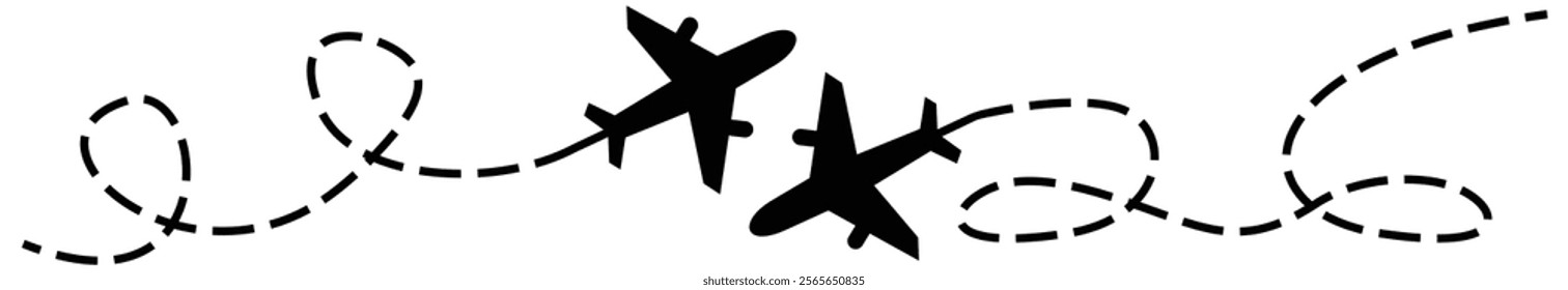 Plane with line. Airplane track to point with dashed line way on white background. Continuous one line drawing vector illustration.