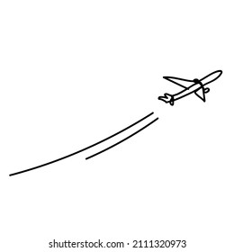 The plane, line drawing. Sketch, continuous line. An airplane in the sky. Vector isolated black and white illustration. Trip, travel, airport, vacation