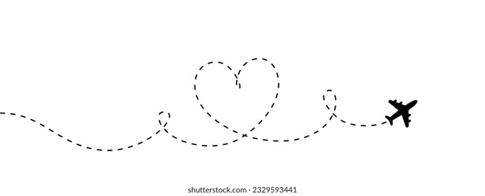 Plane with line heart shape and blank for text. Continuous one line drawing illustration