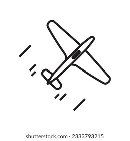 Plane line icon on white background, outlined flying airplane icon. Airplane icon vector. Flight transport symbol. Travel illustration.