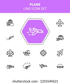 Plane line icon set. Aircraft, globe, cloud. Transport concept. Can be used for topics like flight, travel, logistics