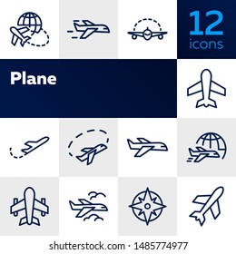 Plane line icon set. Aircraft, globe, cloud. Transport concept. Can be used for topics like flight, travel, logistics