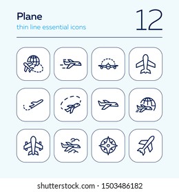 Plane line icon set. Aircraft, globe, cloud. Transport concept. Can be used for topics like flight, travel, logistics