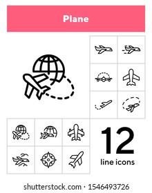 Plane line icon set. Aircraft, globe, cloud. Transport concept. Can be used for topics like flight, travel, logistics