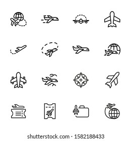Plane line icon set. Aircraft, globe, cloud. Transport concept. Can be used for topics like flight, travel, logistics