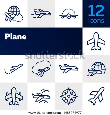 Plane line icon set. Aircraft, globe, cloud. Transport concept. Can be used for topics like flight, travel, logistics