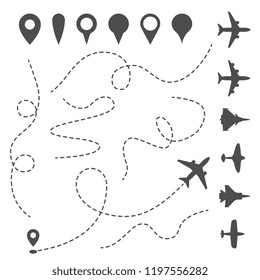 Plane line path. Airplane directional pathway, map dotted trail and fly direction. Aircrafts and pins vector symbols. Airplane moving pathway, aeroplane silhouette route illustration
