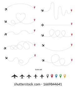 Pflugbahn. Richtungsweg des Flugzeugs, gepunkteter Weg und Flugrichtung. Vektorillustration-Symbole für Luftfahrzeuge und Pins. Streckenführung, Streckenführung, Luftlinien-Sammlung 