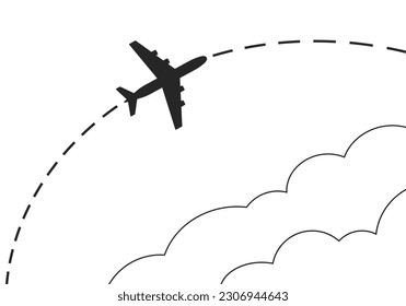 Plane line path background. Airplane flight track or route with aircraft in the sky. Travel destination concept. Vector illustration.