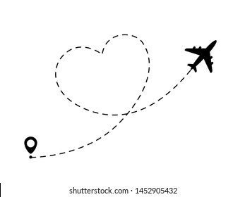 Plane line path in heart form. Romantic and love travel concept