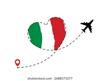 Plane line path in heart form with Italian flag. Romantic and love travel concept. Ilove Italy
