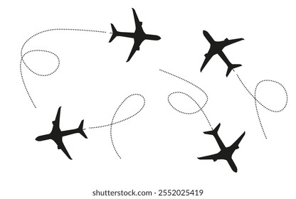 Ruta de la línea aérea. Icono de Vector de viaje. color negro plano. Viaje desde el punto de partida y el trazado de líneas punteadas. Ilustrativas rutas Aéreas de avión.