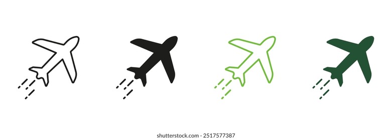 Linha de Plano e Conjunto de Ícones de Silhueta. Pictograma De Avião. Símbolo de Carga, Voar Aeronave. Business Jet. Transporte de Entrega. Traço editável. Ilustração de vetor isolada.