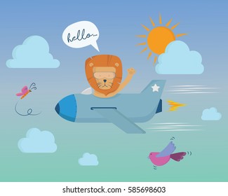 plane with a lion pilot flying in the sky cartoon vector