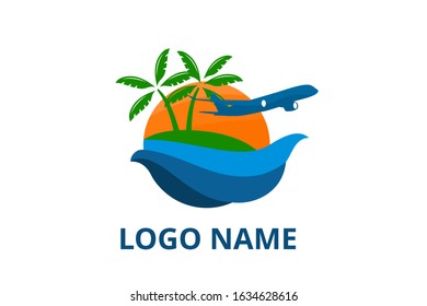 plane logo design leaving beach in tropical island concept icon for touring trip travel tourism agency. Summer holiday logo with ocean, tree.