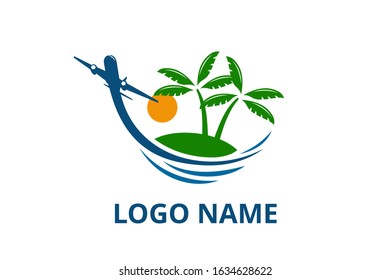 plane logo design leaving beach in tropical island concept icon for touring trip travel tourism agency. Summer holiday logo with ocean, tree.