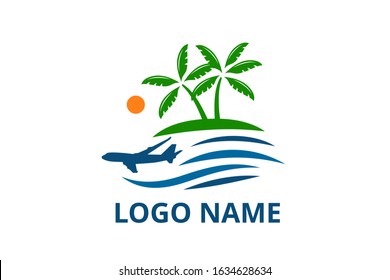 plane logo design leaving beach in tropical island concept icon for touring trip travel tourism agency. Summer holiday logo with ocean, tree.