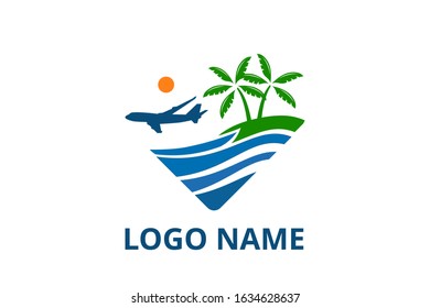 plane logo design leaving beach in tropical island concept icon for touring trip travel tourism agency. Summer holiday logo with ocean, tree.