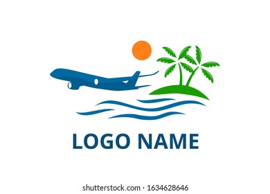 plane logo design leaving beach in tropical island concept icon for touring trip travel tourism agency. Summer holiday logo with ocean, tree.