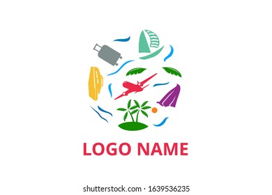 plane logo design leaving beach in tropical island concept icon for touring trip travel tourism agency. Summer holiday logo with ocean, tree, ship.
