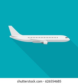 Plane with long shadow in flat style. Vector side view of airplane.