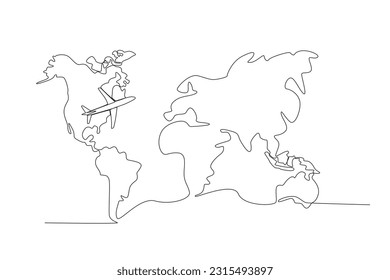 El avión se ve pequeño en el mapa del mundo. Dibujo continuo de una línea del diseño de ilustración vectorial minimalista del atlas mundial. línea simple estilo gráfico moderno. Concepto gráfico dibujado a mano para la educación