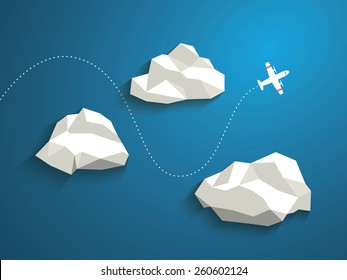 Plane and low polygonal clouds on blue sky. Infographics or business presentation template, background. Travel postcard concept design. Eps10 vector illustration