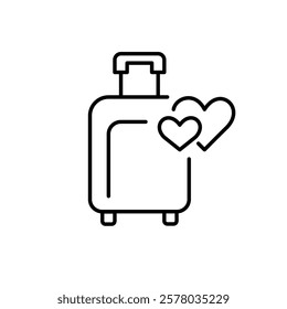 Plane luggage and hearts. Wheeler suitcase. Romantic holiday, vacation travel. Pixel perfect vector icon