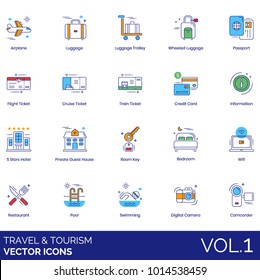 Plane, luggage, passport, flight, cruise, train, ticket, credit card, information, hotel, private guesthouse, key, bedroom, wifi, restaurant, swimming pool, camera, camcorder. Travel vector icons.