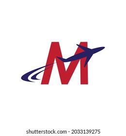 Plane with M initial letter Travel logo vector template