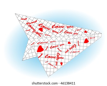 The plane made of paper with inscriptions about love on blue background