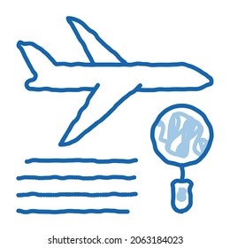 Plane Magnifier sketch icon vector. Hand drawn blue doodle line art Plane Magnifier sign. isolated symbol illustration