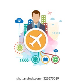 Plane and man on abstract colorful background with different icon and elements. Plane Design for the web, banner, advertising, print.