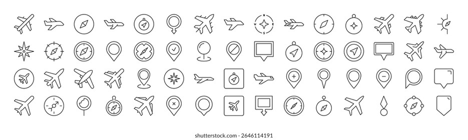 Plane, Map Pin, Compass Line Icon Collection. Outline Signs for Graphic and Web Design, Apps, Adverts, Various Cards