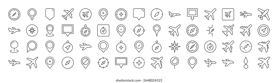 Plano, Pino de Mapa, Pacote de Ícones de Linha de Bússola. Outline Signs para Gráficos e Web Design, Apps, Anúncios, Vários Cartões 