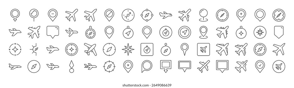Plane, Map Pin, Compass Line Icon Bundle. Outline Signs for Graphic and Web Design, Apps, Adverts, Various Cards 