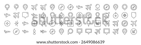 Plane, Map Pin, Compass Line Icon Bundle. Outline Signs for Graphic and Web Design, Apps, Adverts, Various Cards 