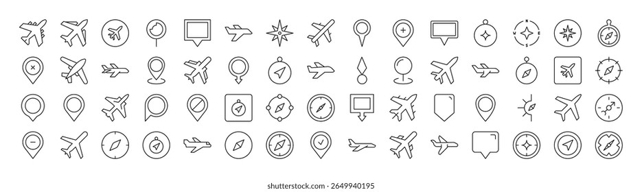 Plane, Map Pin, Compass Thin Line Icon Set. Outline Signs for Graphic and Web Design, Apps, Adverts, Various Cards 