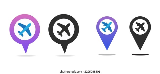 Plane map pin pointer marker icon as airport location point graphic vector illustrated, airplane fly destination pictogram, flight guide symbol element design modern 