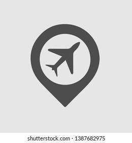 Plane in map pointer icon. Airplane location. Simple isolated vector pictogram.