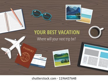 Plane model with travel accessories, on wooden background. Travel concept. Vector Illustration