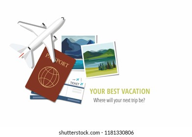 Plane model with travel instant photographs, passports and tickets on white background. Travel concept. Vector Illustration