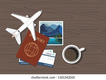 Plane model with travel instant photographs, passports and tickets on wooden background. Travel concept. Vector Illustration