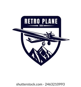 Avión con Montaña y Cielo para Aviación Clásica Aerolínea Aerolínea Vuelo Emblema Insignia Etiqueta Retro Logo Diseño