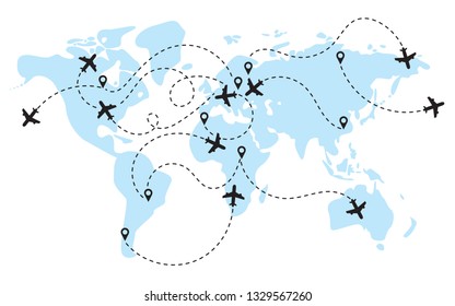 Plane moves along the path of movement. World map with flight routes airplanes. Infographic Vector Illustration.