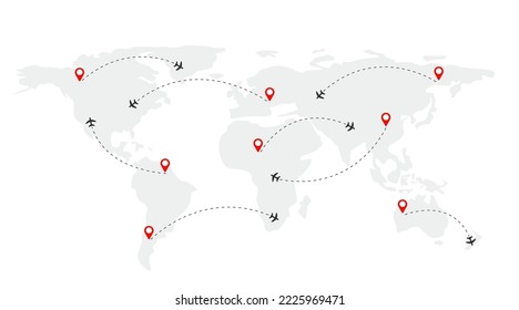 El avión se mueve a lo largo de la trayectoria. Mapa mundial con rutas de vuelo, siluetas de vuelos aéreos en el mapa. Ilustración del vector