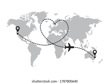 Plane Moving on a Heart Shaped Dotted Route Over The World Map, Vector Design